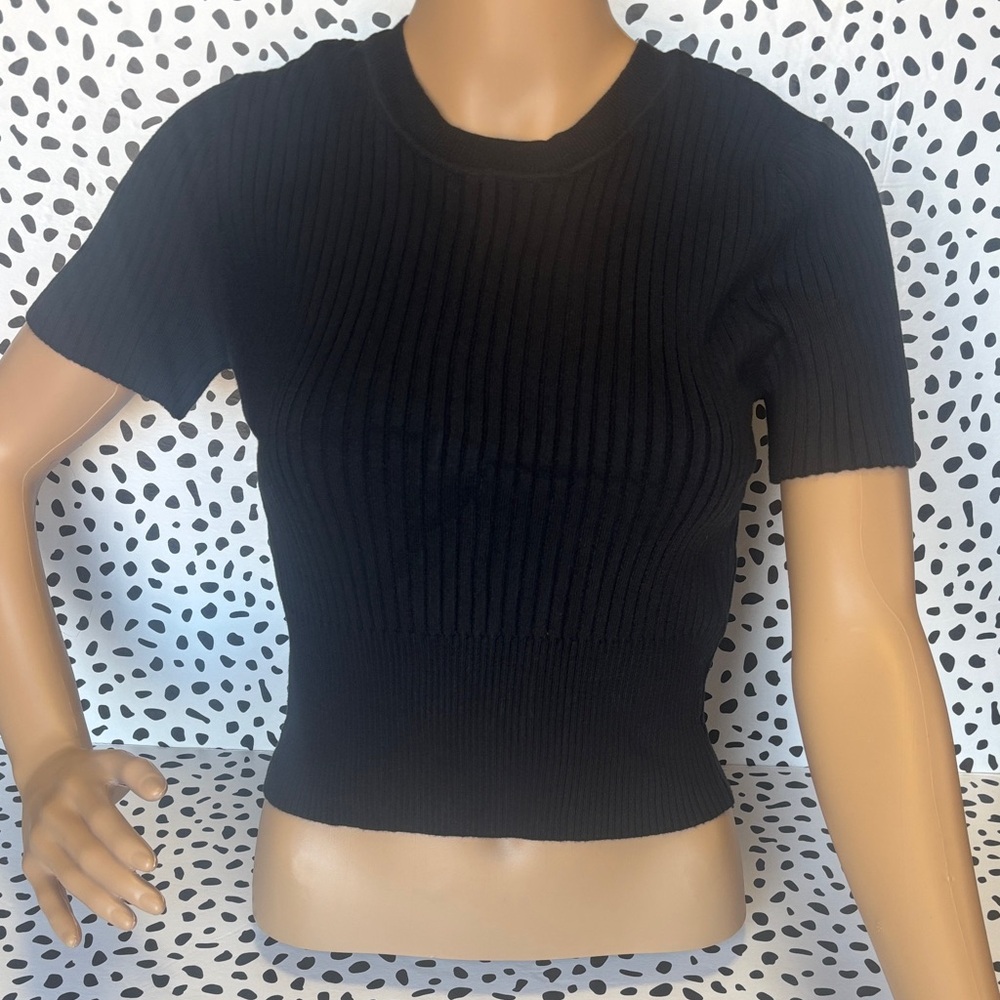 Abercrombie & Fitch Elevated Black Ribbed Short Sleeve Sweater Baby Tee Fit Med